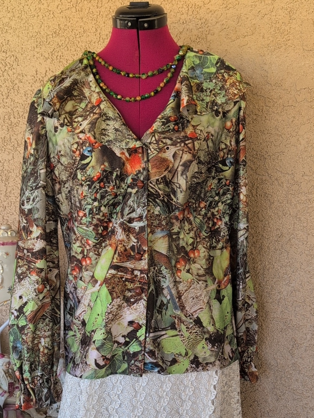 OOAK Long-Sleeve Blouse Top Exotic Birds Top in Green